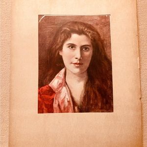 Original antique vintage print from etching portrait of a smiling lady.